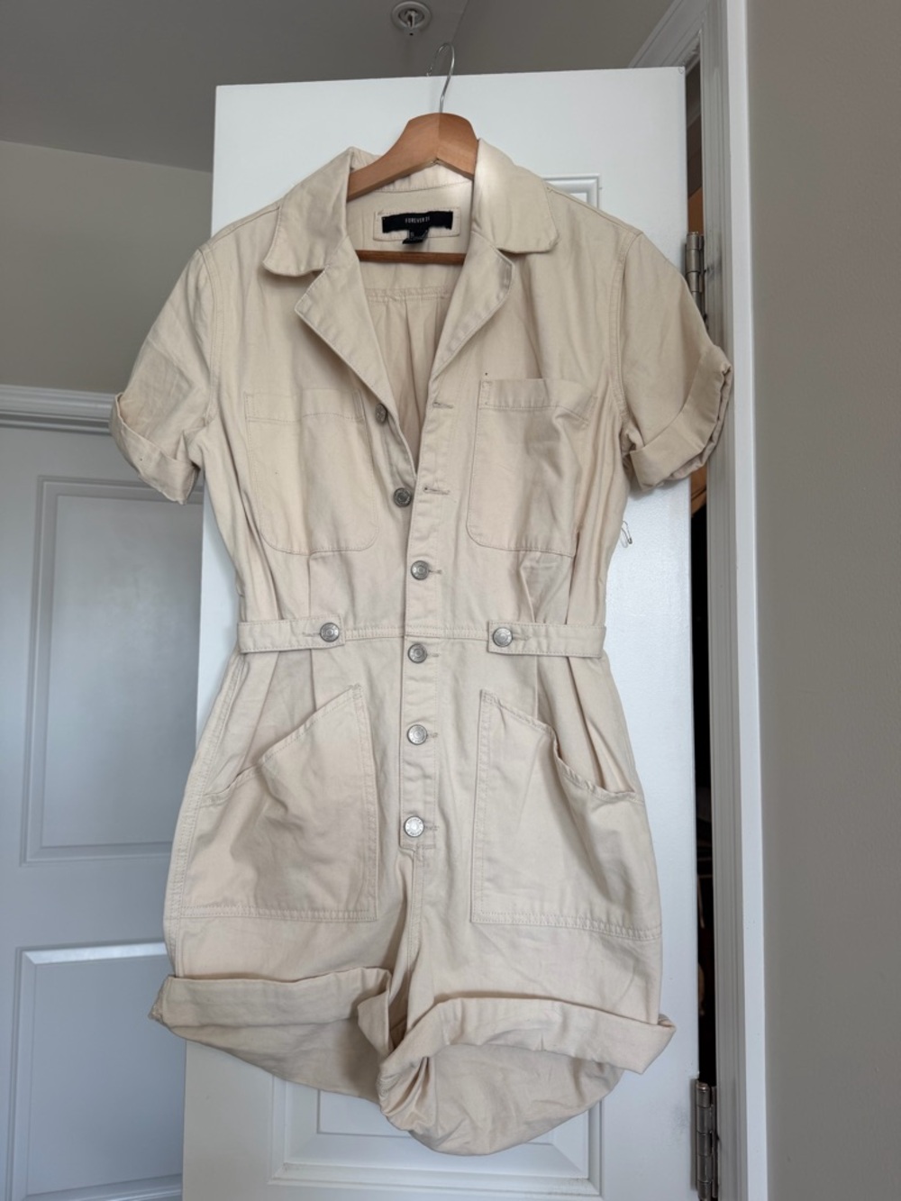 Forever 21 Cream Utility Romper with Belted Waist